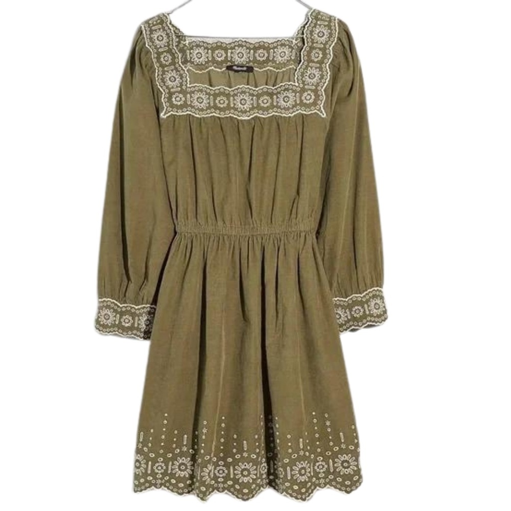 Madewell Embroidered Corduroy Square-Neck Mini Dress Boho Romantic Women’s M